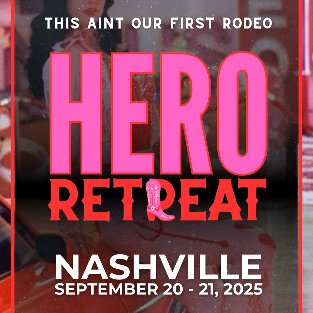Promotional image for the 2025 MOB Hero Retreat in Nashville, TN, featuring text with the event details and the phrase 'This ain't our first rodeo' in a bold, pink font against a blurred background.